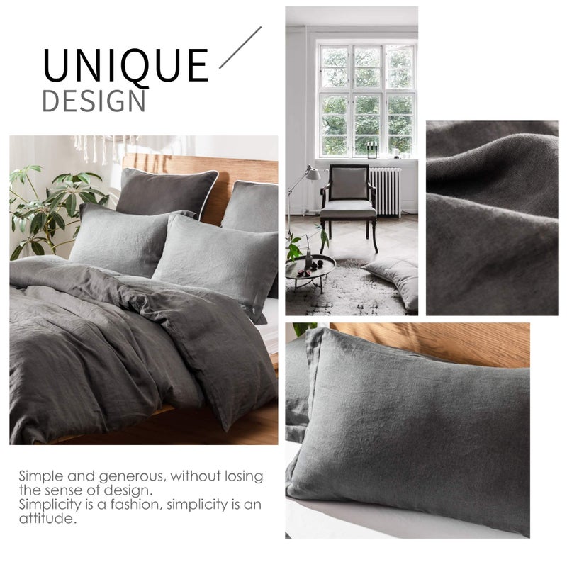 Simple&Opulence 100% Linen Duvet Cover Set 3pcs Basic Style Natural French Washed Flax Solid Color Soft Breathable Farmhouse Bedding with Button Closure - Dark Grey, King - Image 5